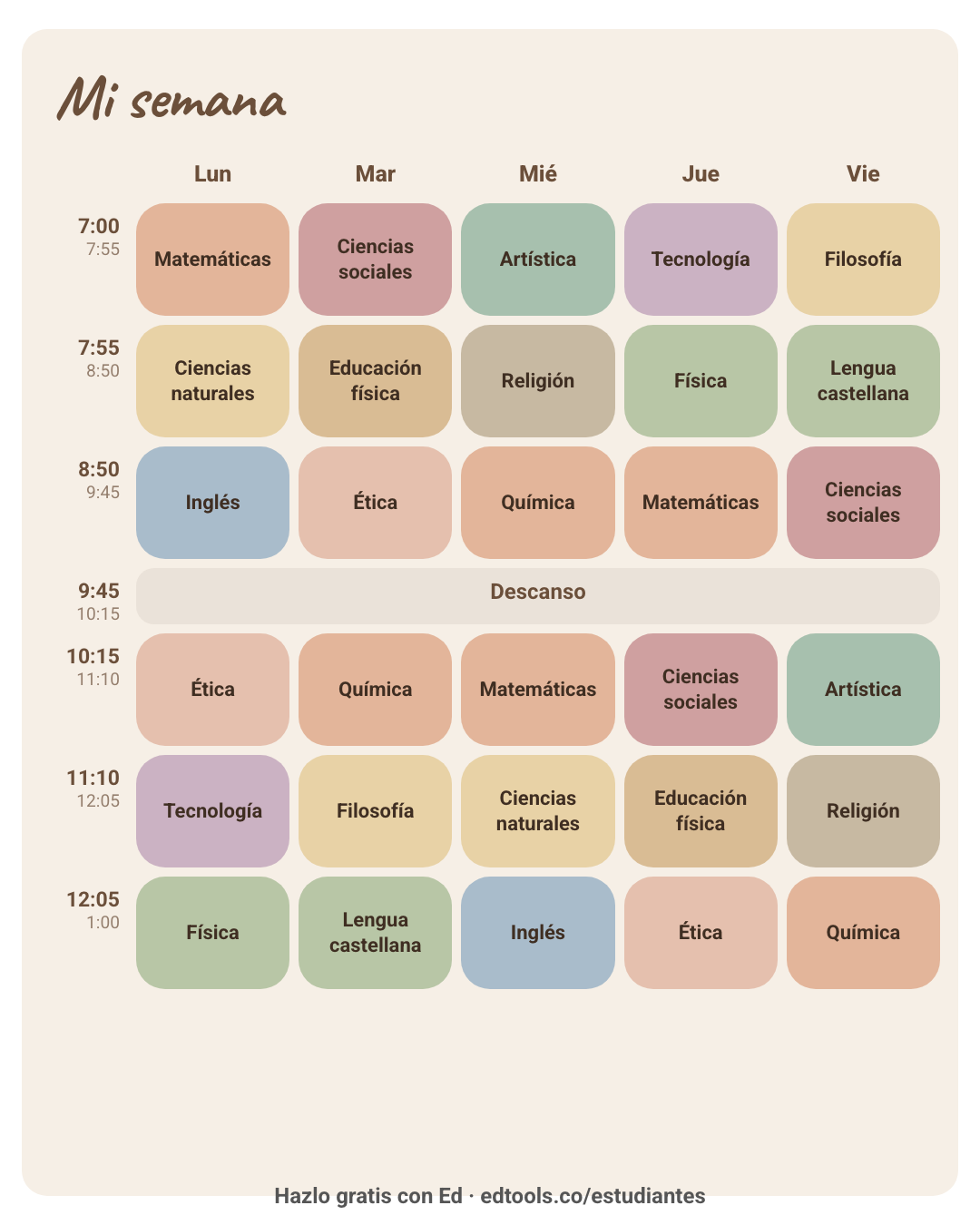 Horario de clases aesthetic boho en tonos tierra