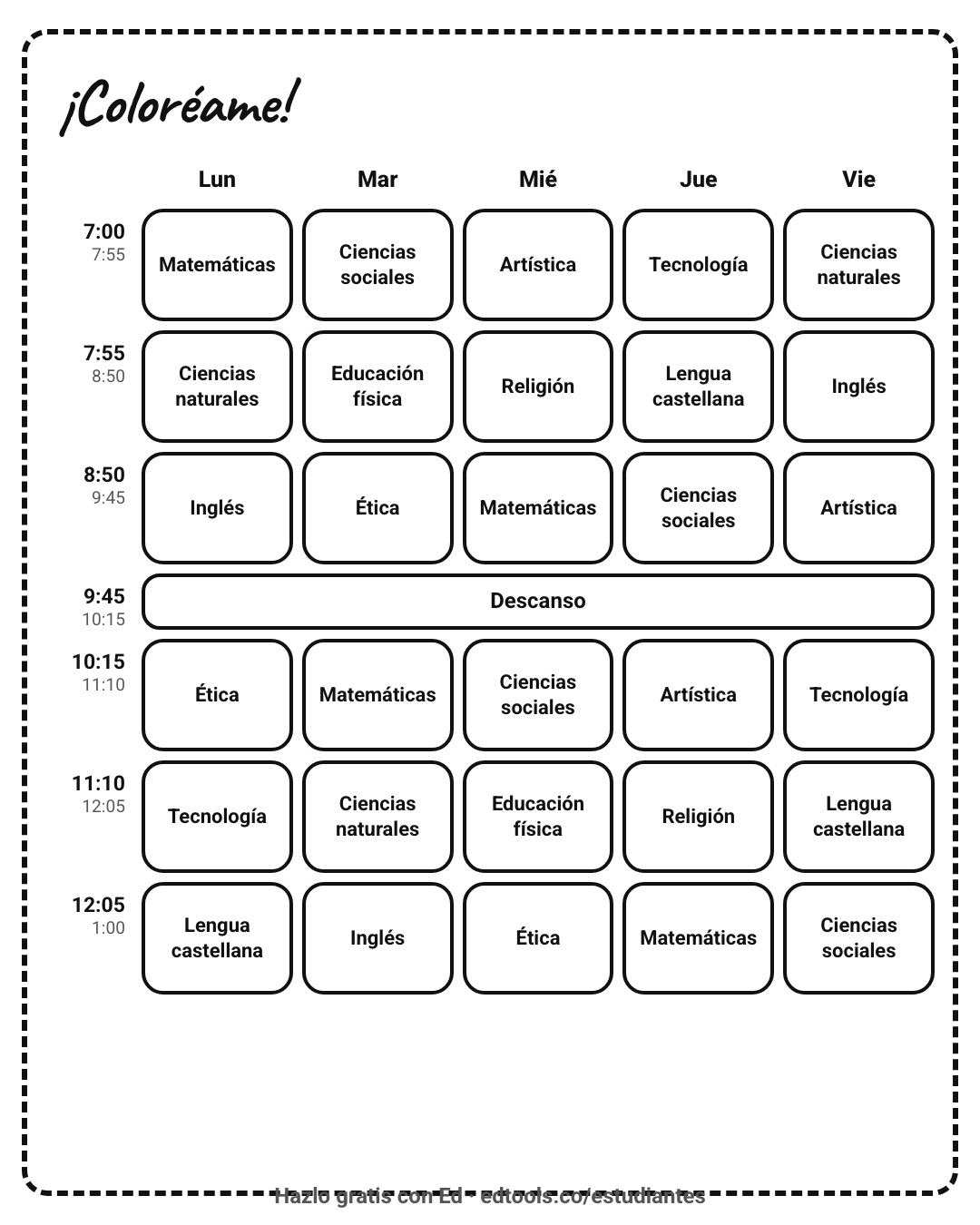 Horario de clases para colorear e imprimir en blanco y negro