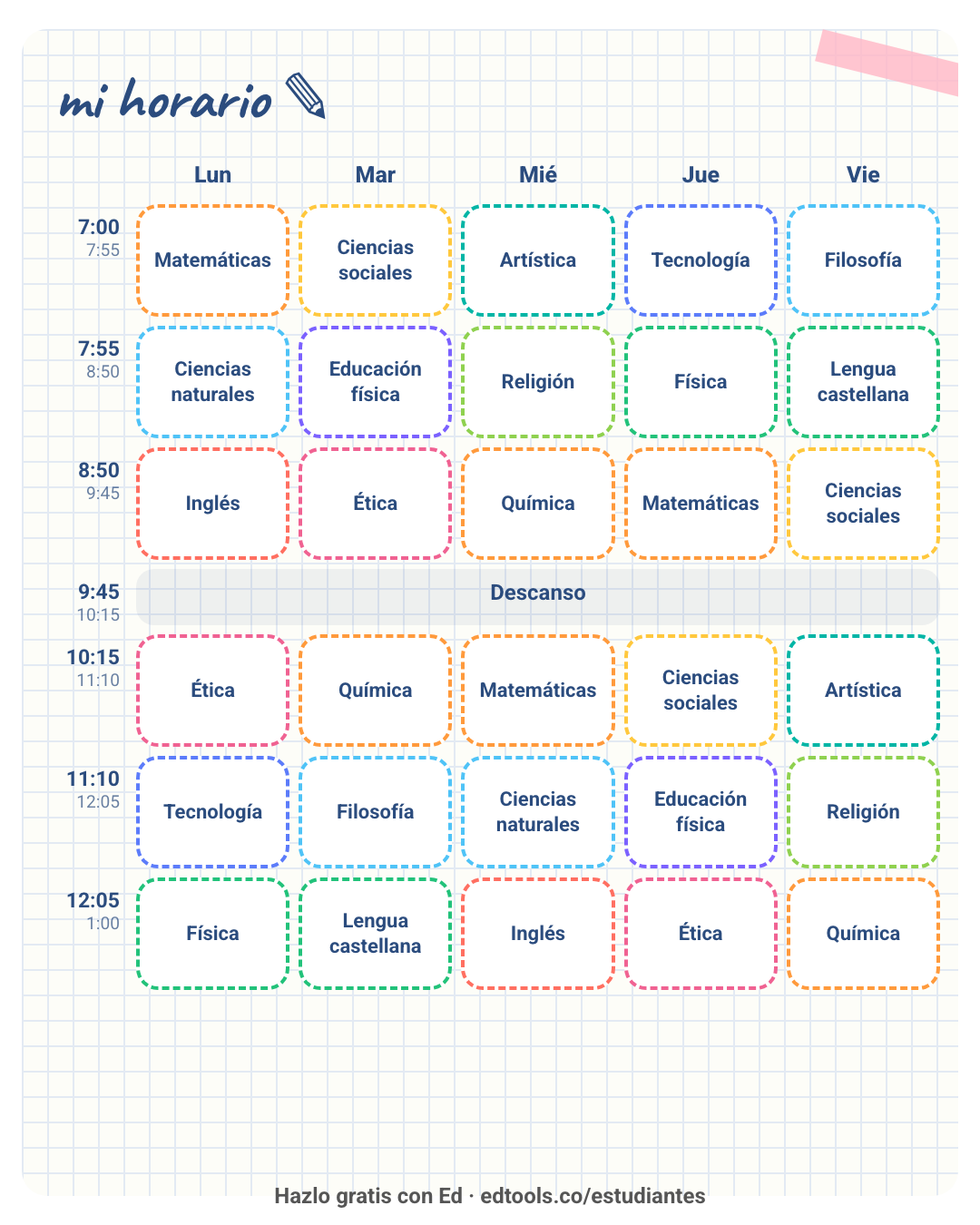 Horario de clases creativo estilo cuaderno cuadriculado