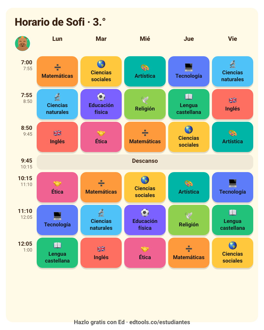 Horario de clases para niños de primaria con Ed