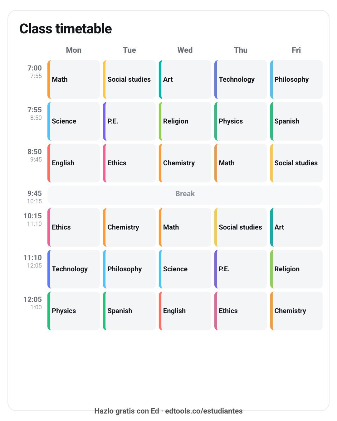 Horario de clases en inglés minimalista (timetable)