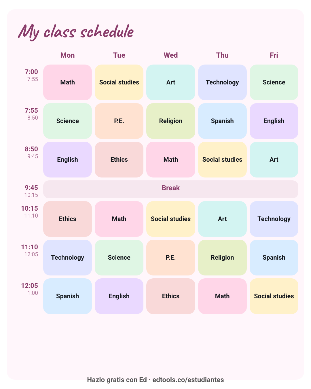 Horario de clases en inglés para imprimir (class schedule)