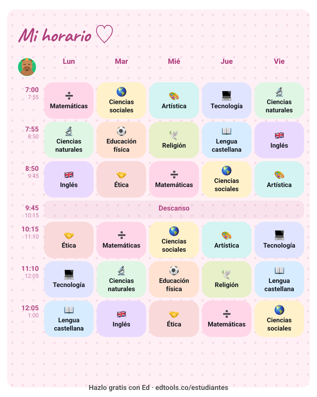 Horario de clases kawaii bonito para niños
