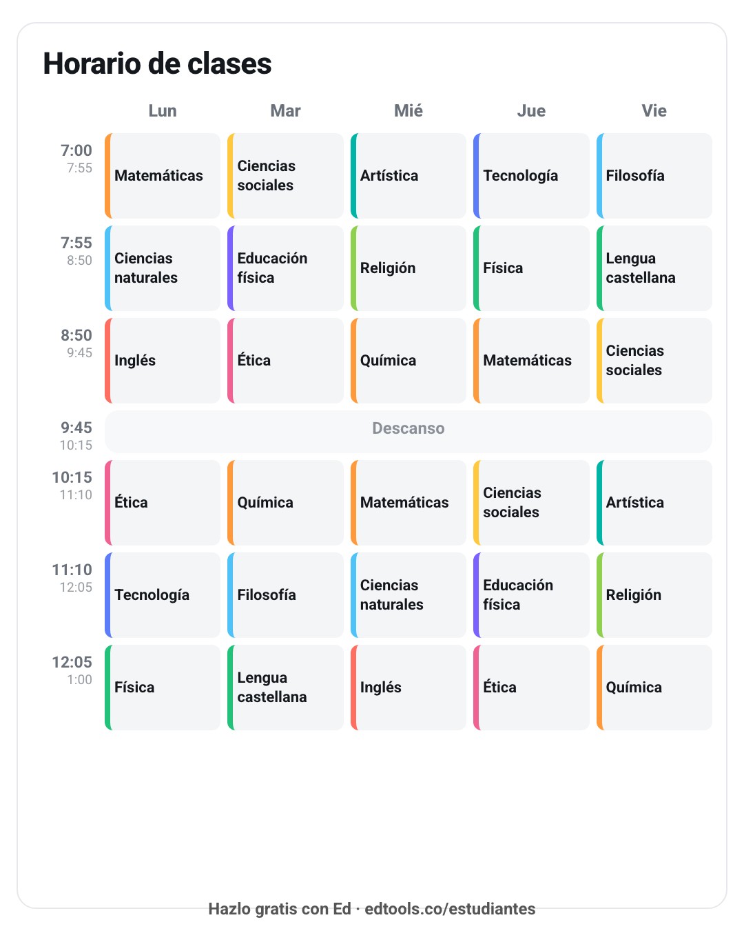 Plantilla de horario de clases minimalista para editar