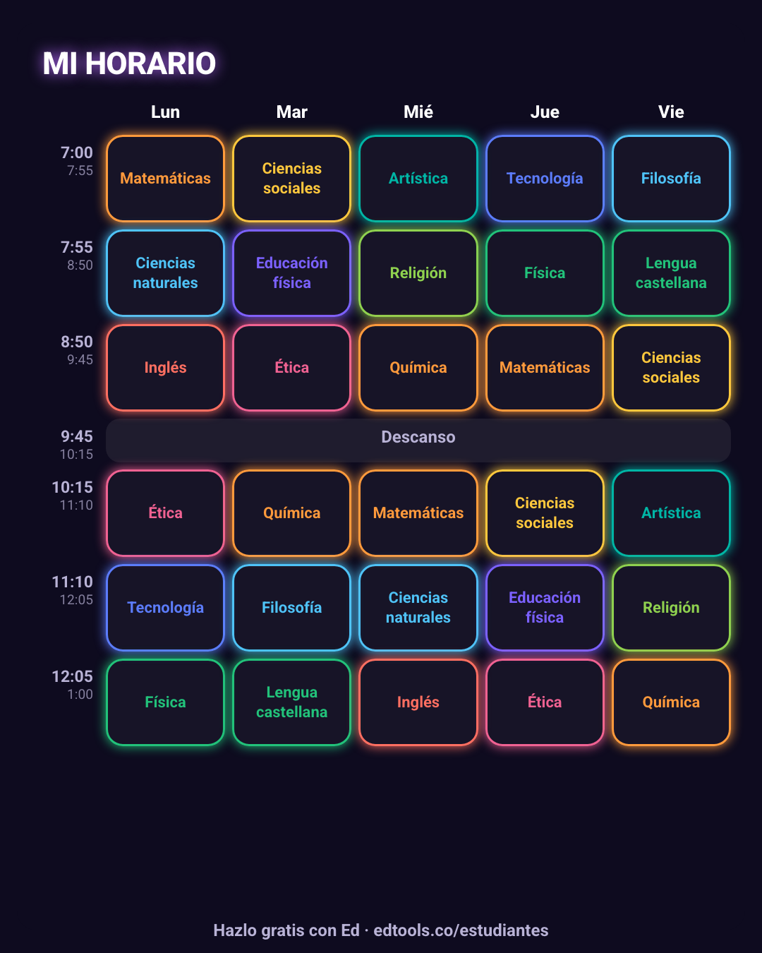 Horario de clases aesthetic neón para fondo de pantalla