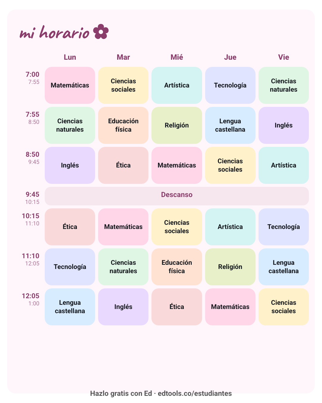 Horario de clases bonito en colores pastel para imprimir