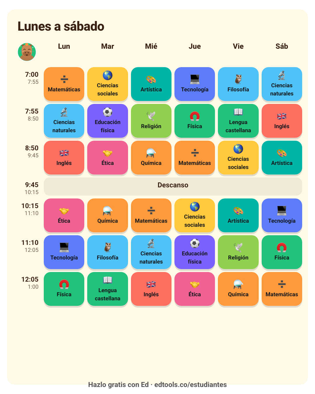 Plantilla de horario de clases de lunes a sábado