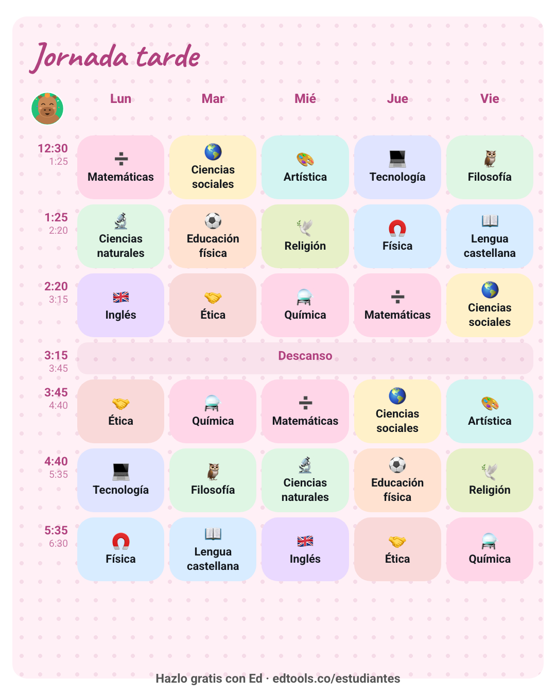 Horario de clases de la jornada de la tarde